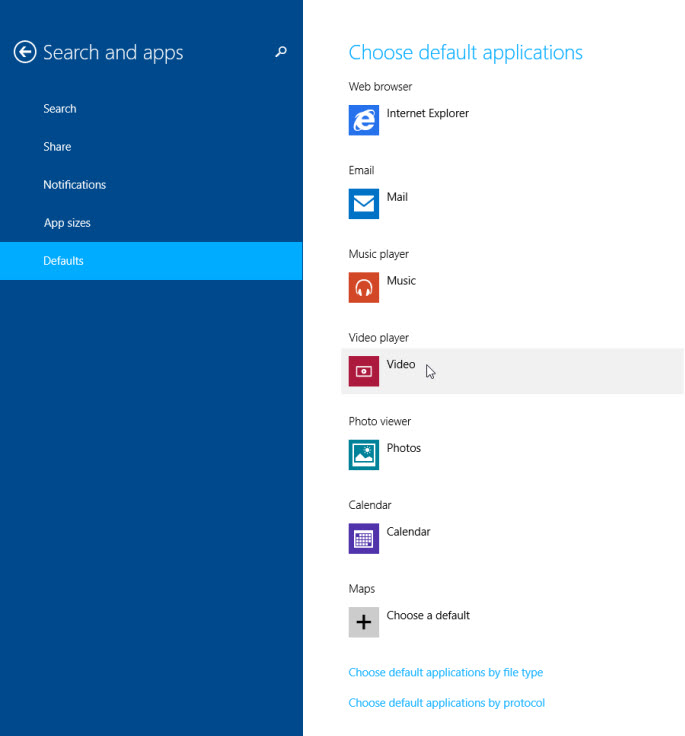 Windows 8 Search and apps, Choose default applications
